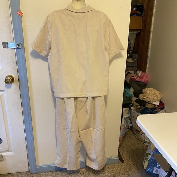 HABAND 2Piece Travel Lounge Set Top Pullon Capri LP Vintage Ivory Olive Striped - Picture 11 of 11